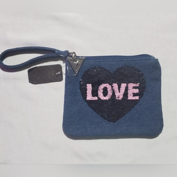 GUESS Reversible Sequin Denim Wristlet Guess/Love - Picture 2 of 2